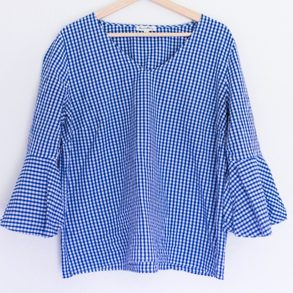Cotton Gingham Top with Bell Sleeve